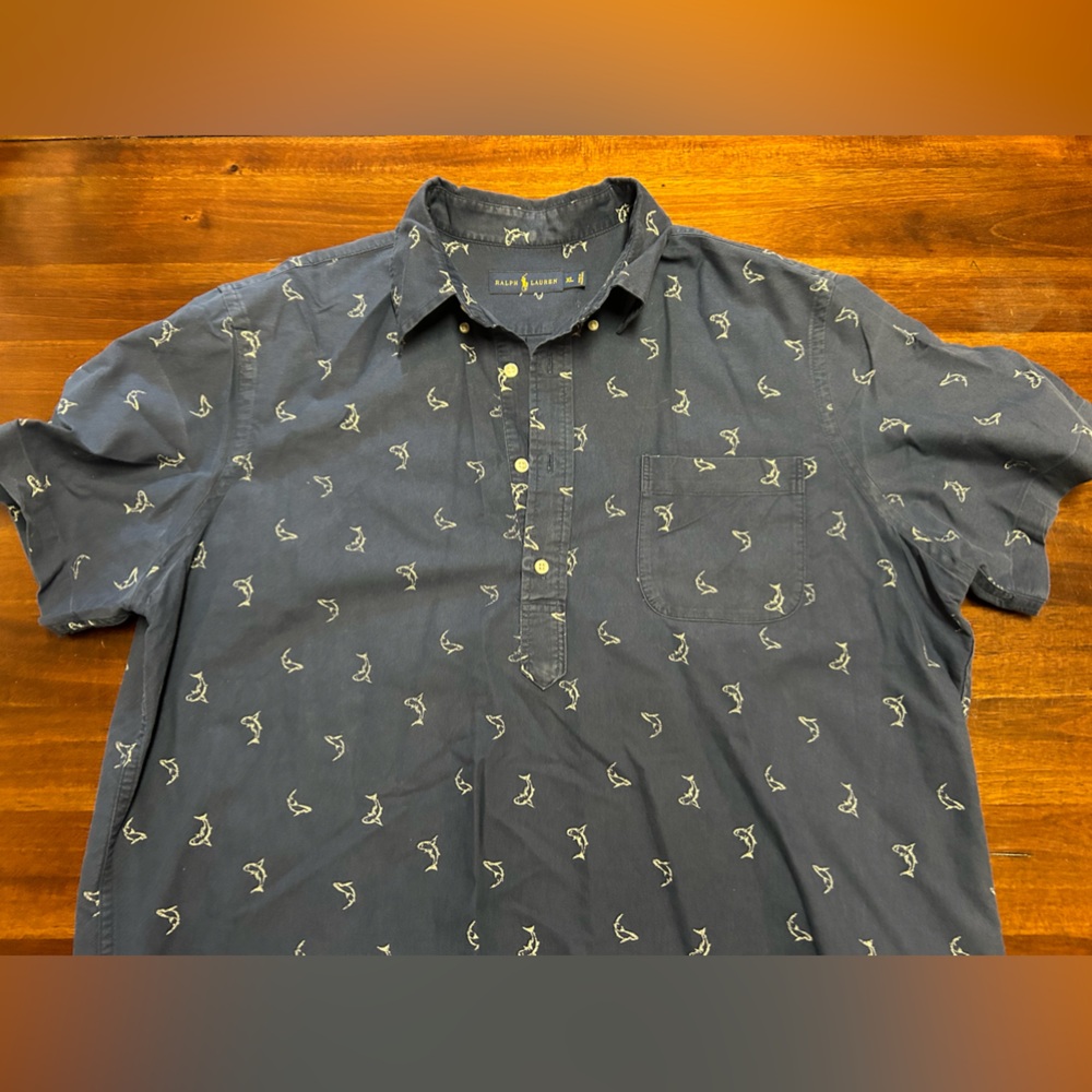 Men’s Polo, XL, Navy with white sharks, 100% cotton